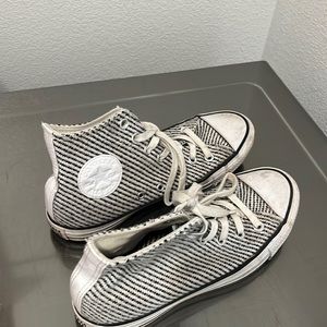 Converse high top size 9 women white and black crocheted like material